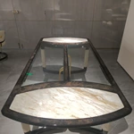 Glass & Marble Top Dining Table with Black Frame & Gold Stainless Steel Accents